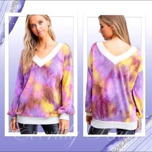 NWT! BOUTIQUE LAVENDER & YELLOW TIE DYE V-NECK SWEATER TOP-SIZE LARGE